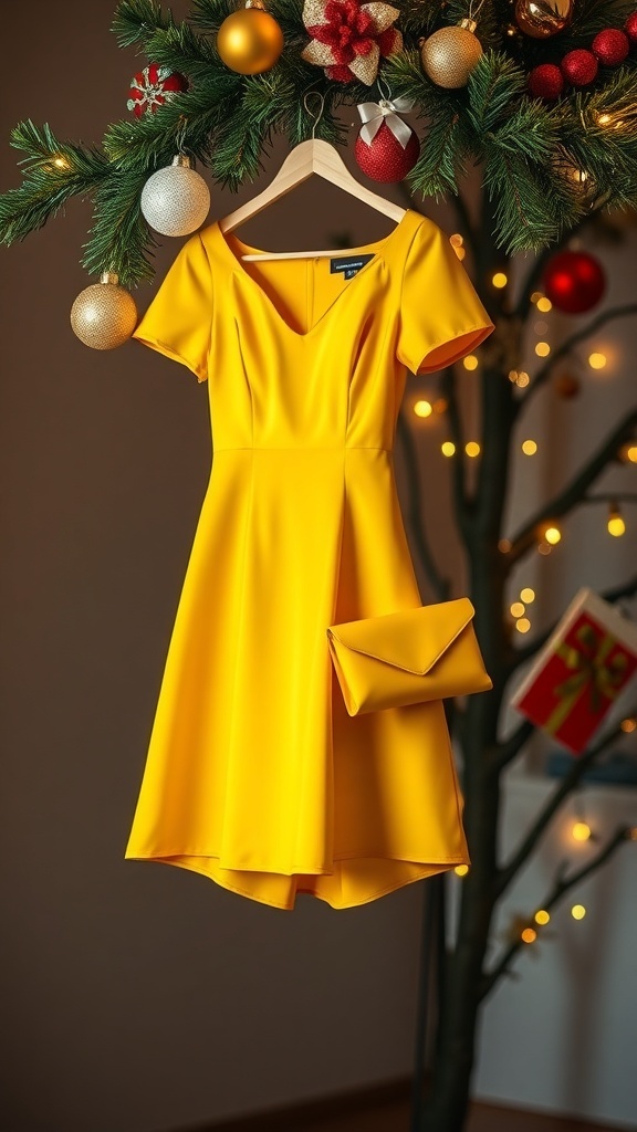 A cheerful yellow Christmas dress displayed with holiday decorations.